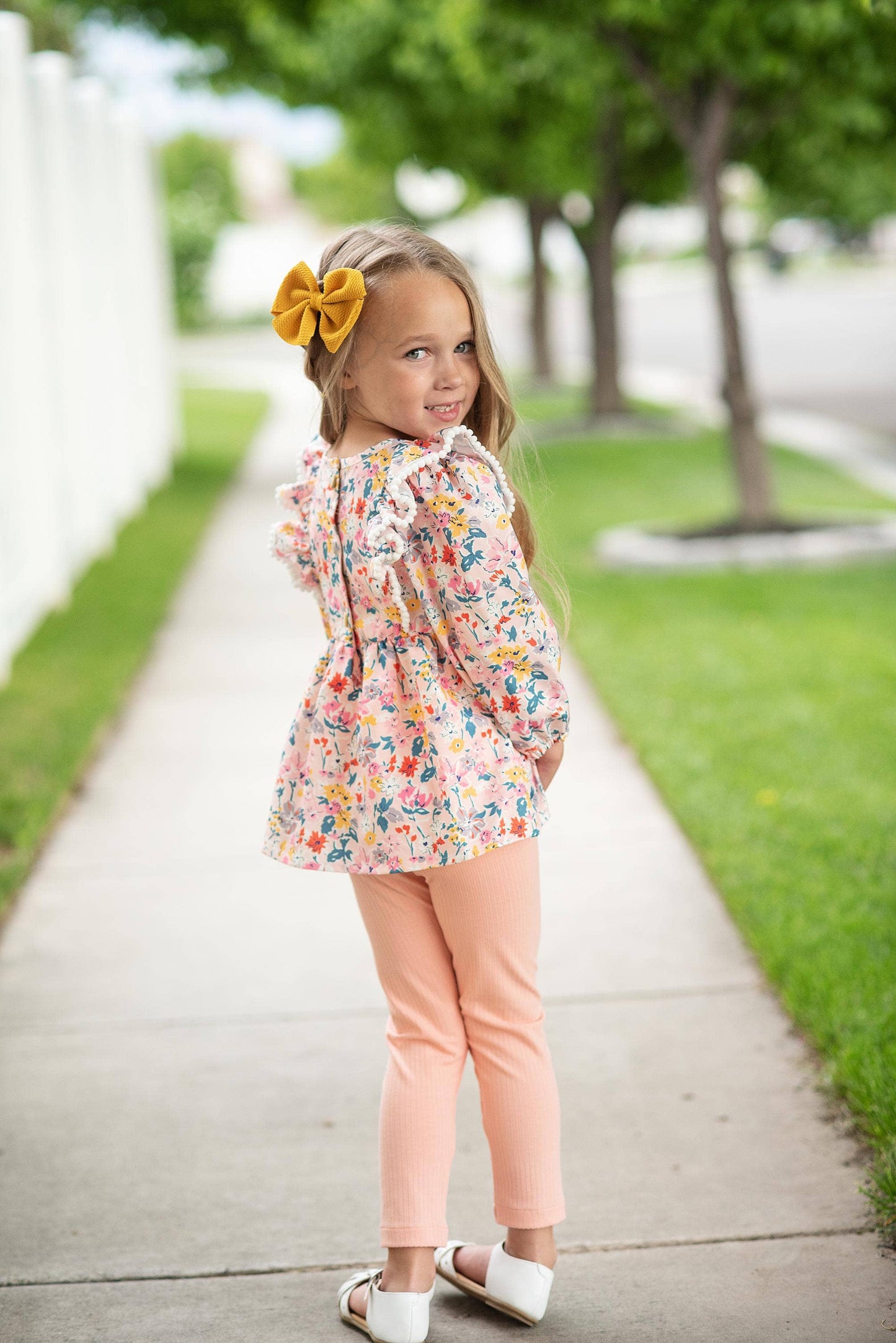 Kids Peachy Floral Ruffle Two Piece Button Back Set