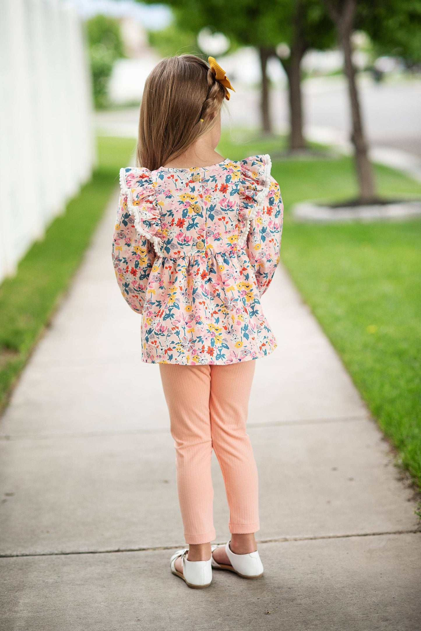 Kids Peachy Floral Ruffle Two Piece Button Back Set