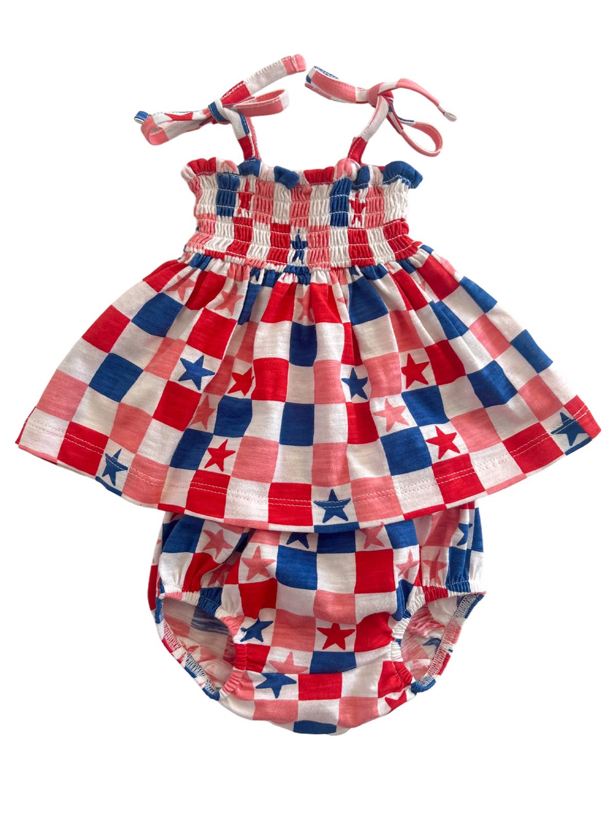 Red, White, Blue & Pink Checkerboard Organic Smocked Set