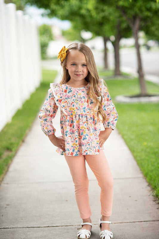 Kids Peachy Floral Ruffle Two Piece Button Back Set