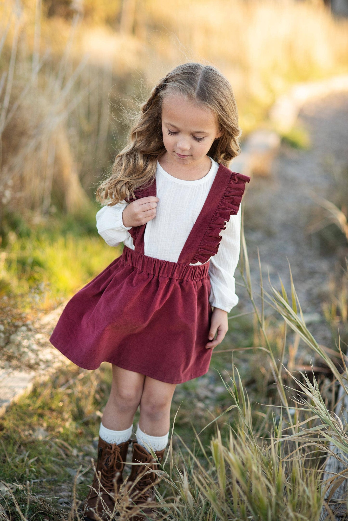 Kids Cream & Wine Ruffled Suspender Pinafore Skirt Set