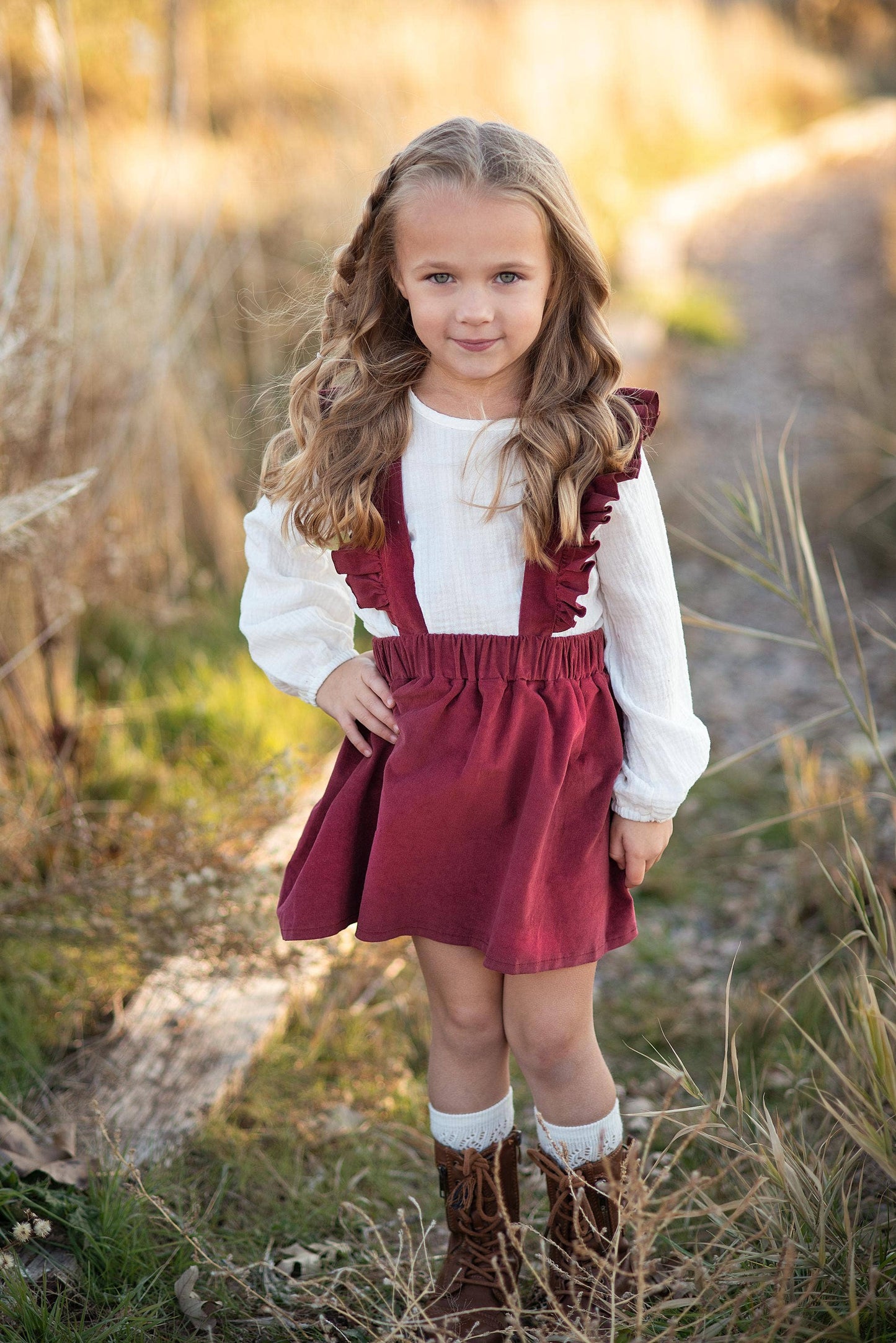 Kids Cream & Wine Ruffled Suspender Pinafore Skirt Set