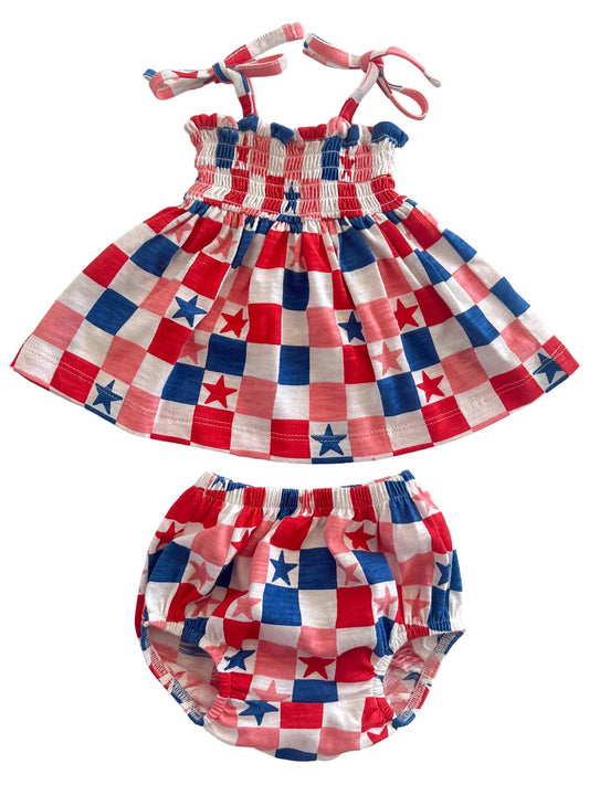 Red, White, Blue & Pink Checkerboard Organic Smocked Set