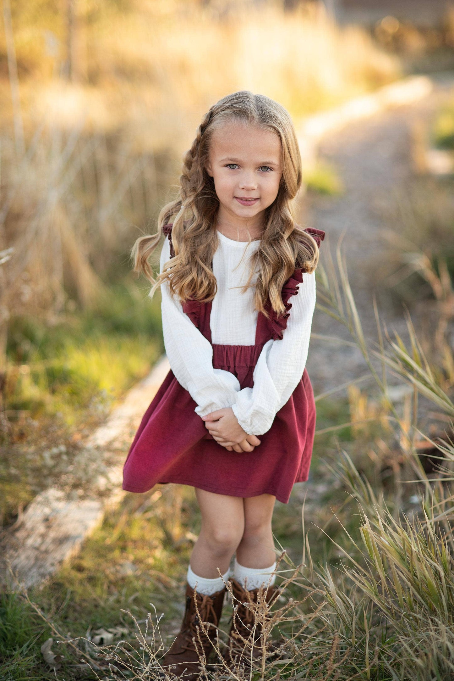 Kids Cream & Wine Ruffled Suspender Pinafore Skirt Set