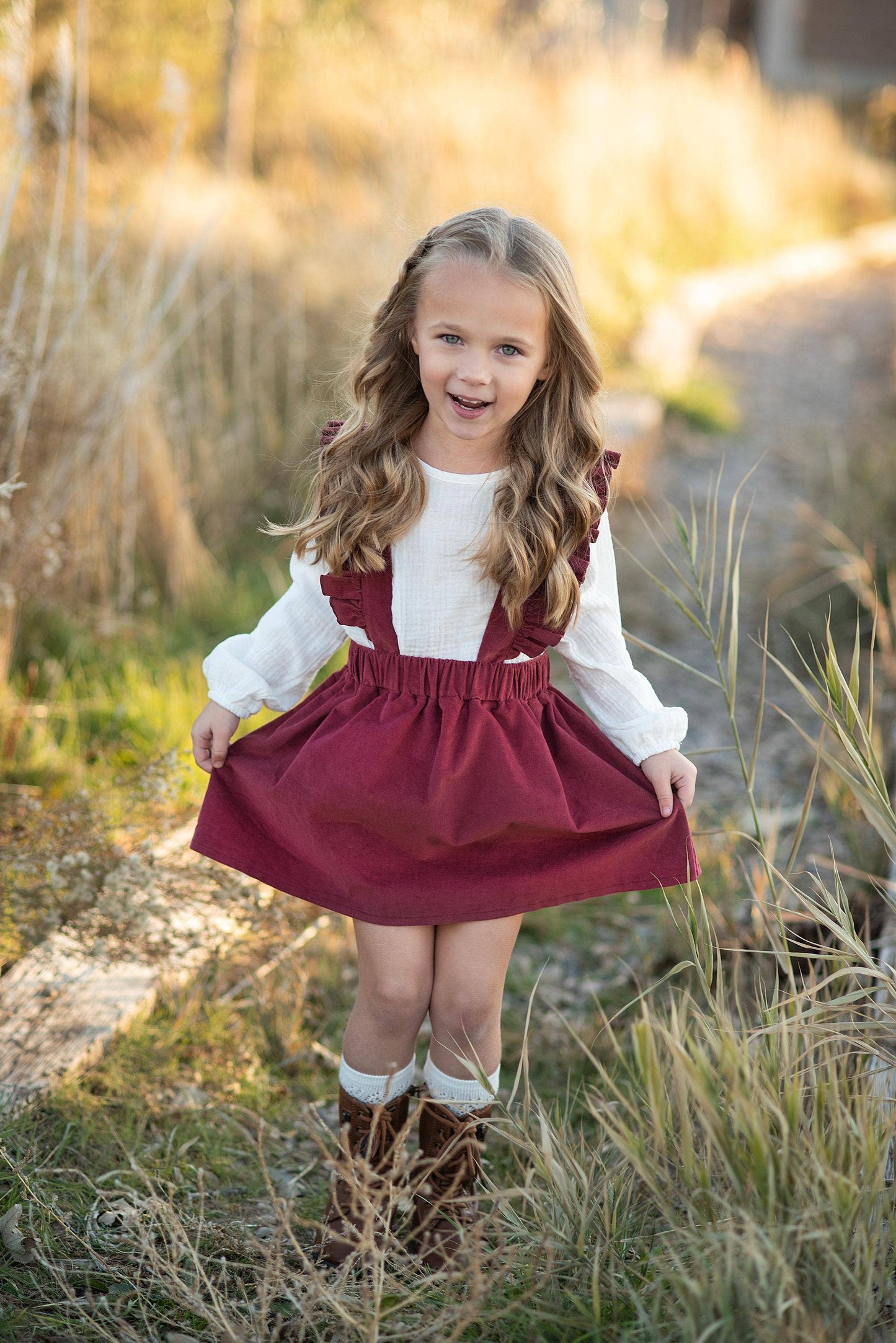 Kids Cream & Wine Ruffled Suspender Pinafore Skirt Set