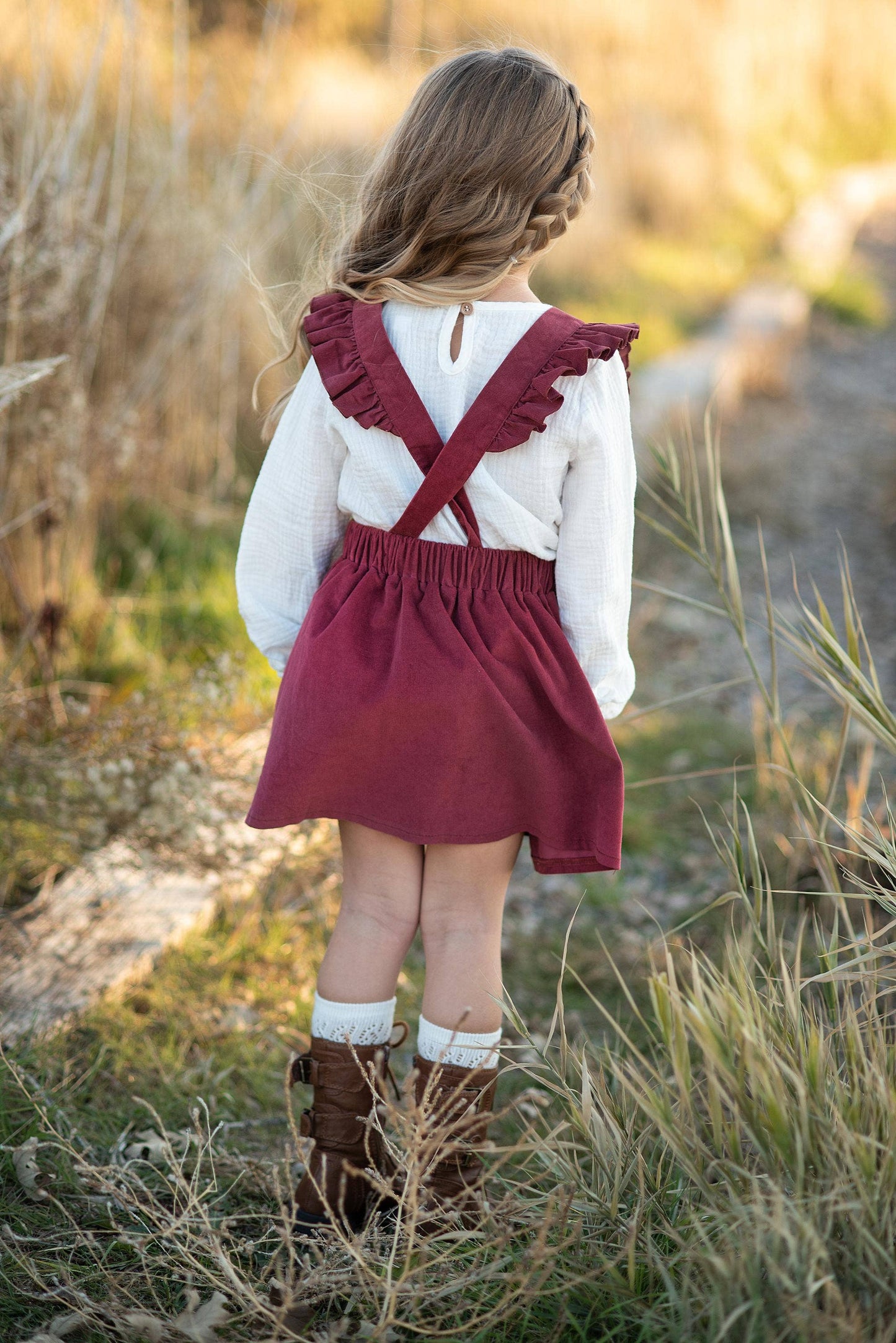 Kids Cream & Wine Ruffled Suspender Pinafore Skirt Set