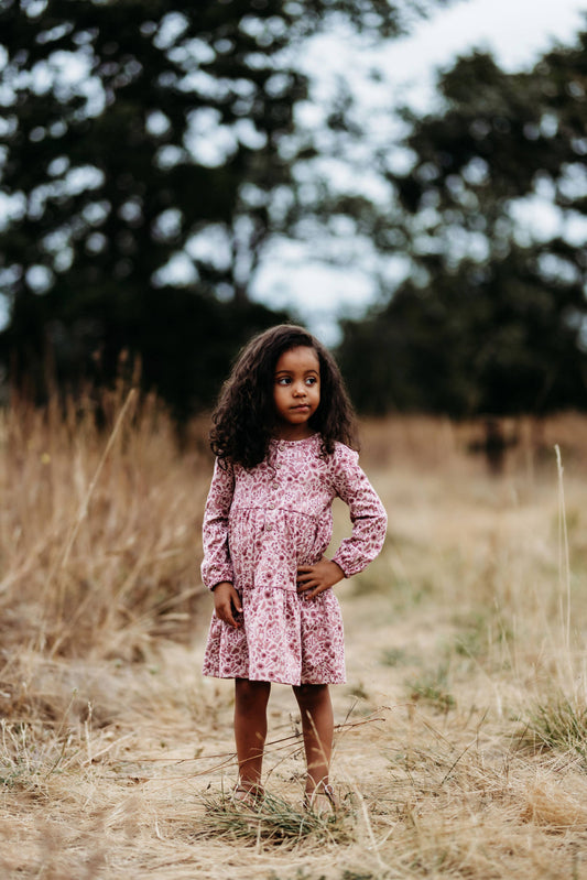 Tiered Henley Dress- Fox Floral Dusty Rose