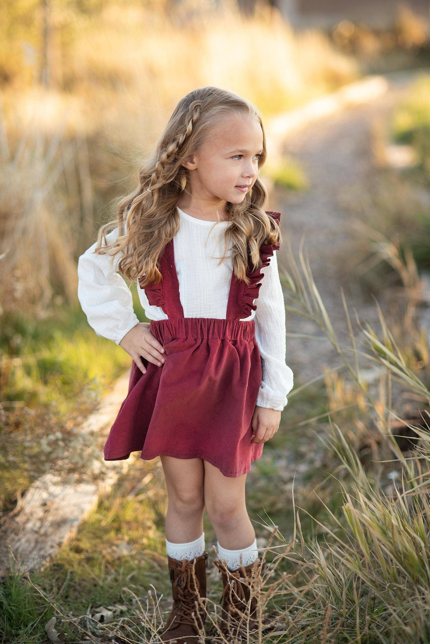 Kids Cream & Wine Ruffled Suspender Pinafore Skirt Set